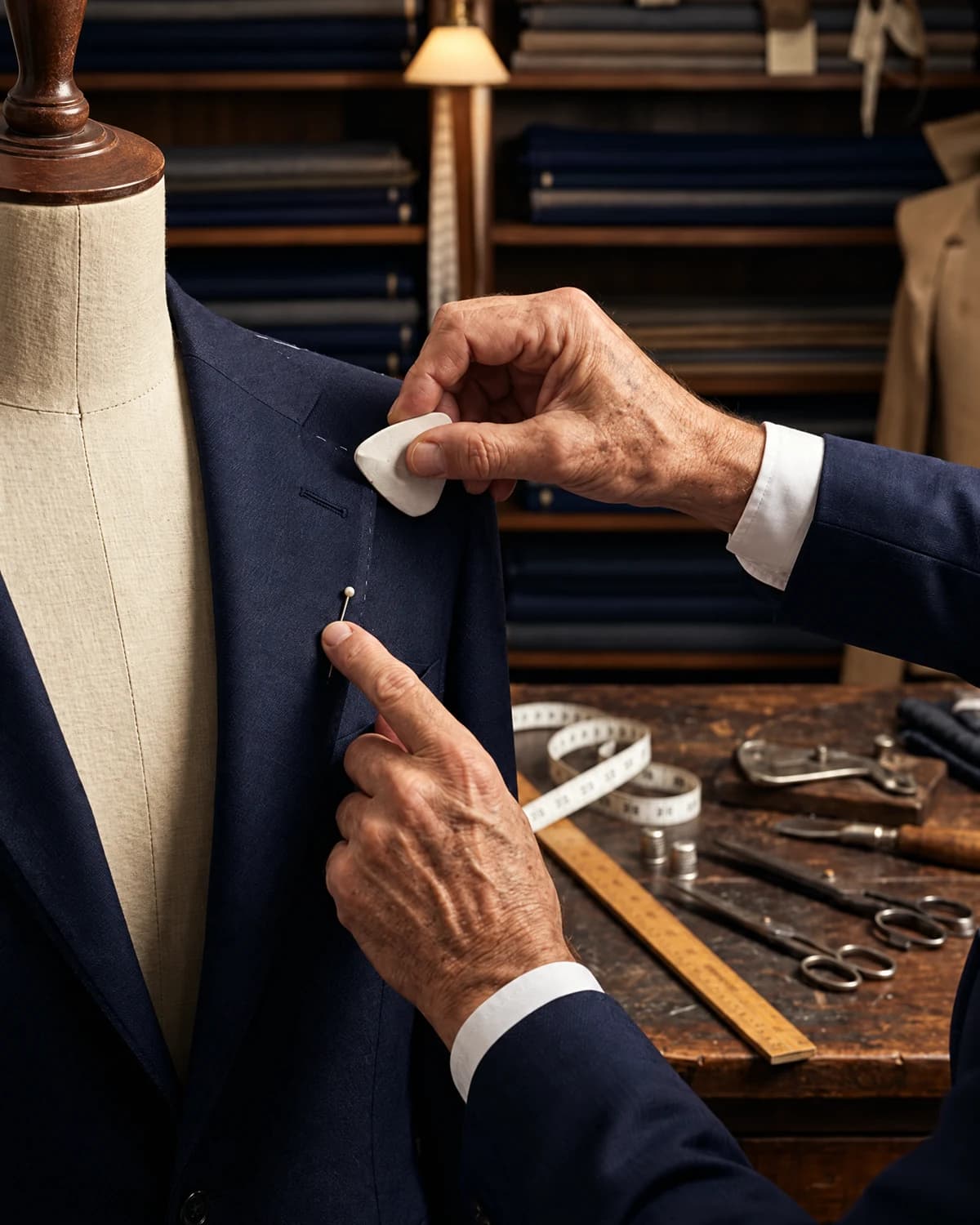 Hands carefully adjusting the lapel of a tailored jacket